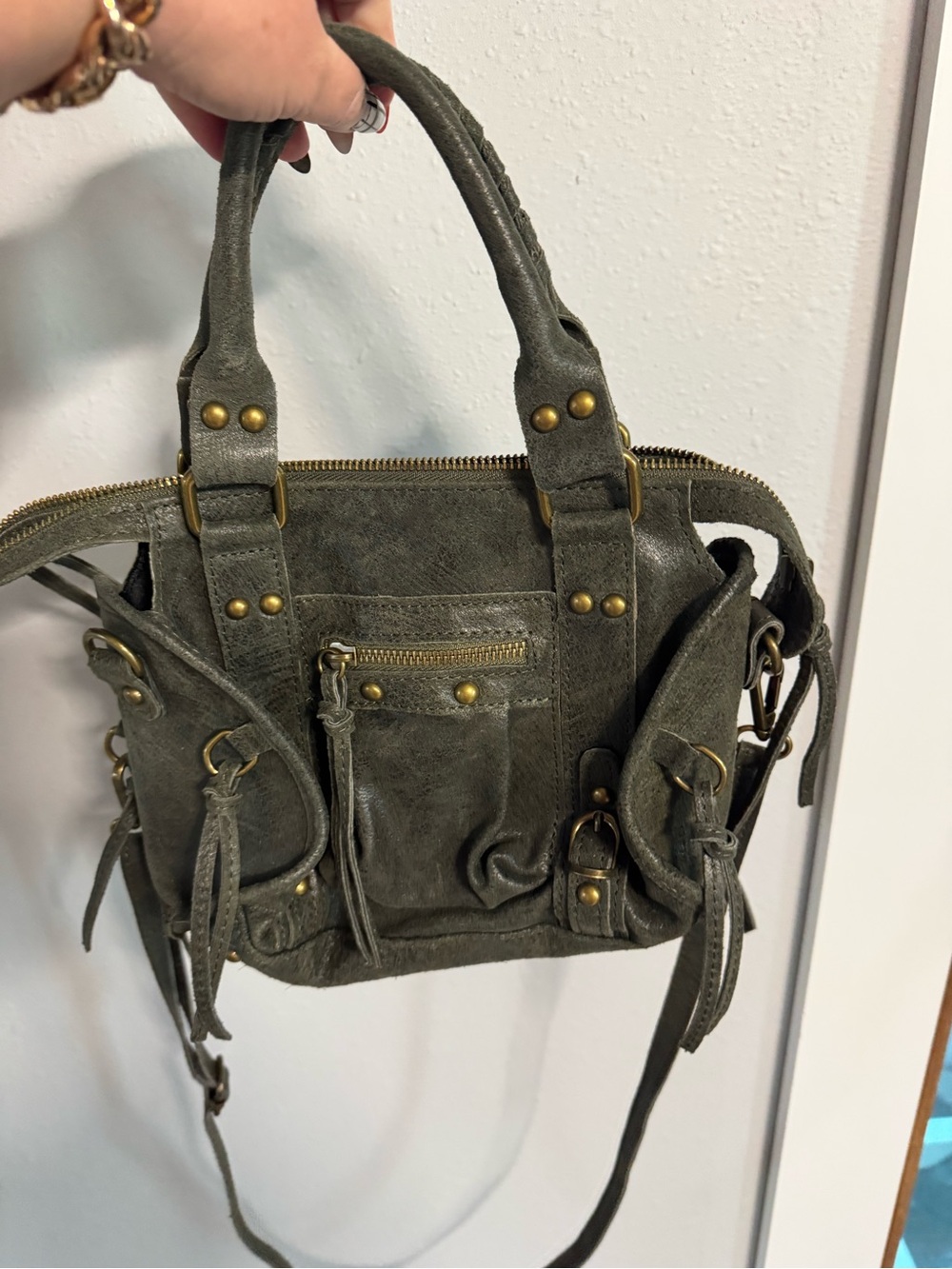 Gave Lux Small Olive Green Suede Studded Shoulder Bag